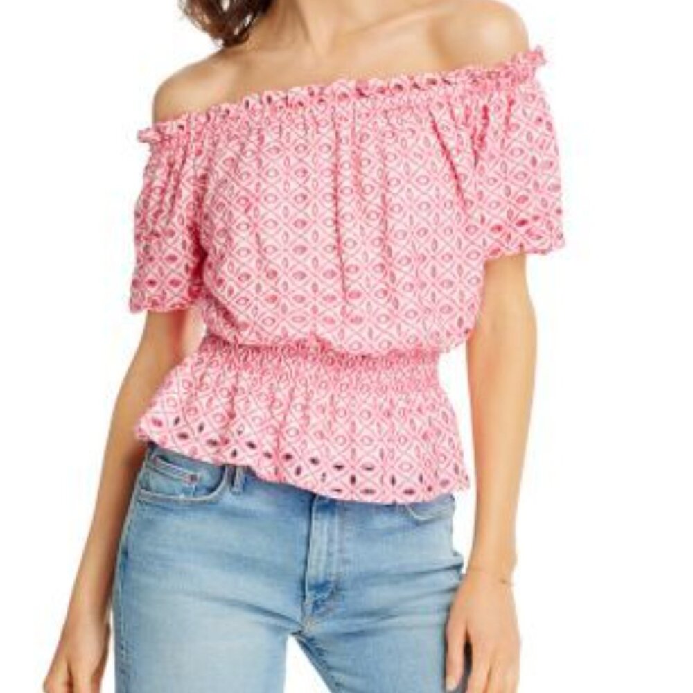 Aqua Pink Eyelet Patterned Women's Top Sz M